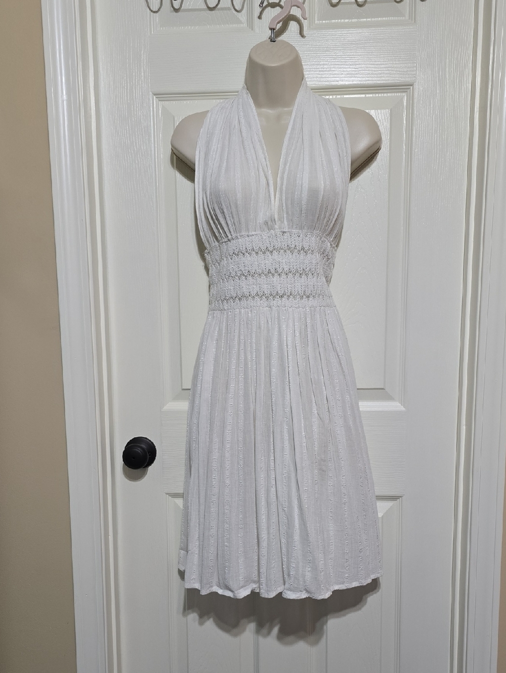 White Halter Smocked Crochet Waist Cover Up